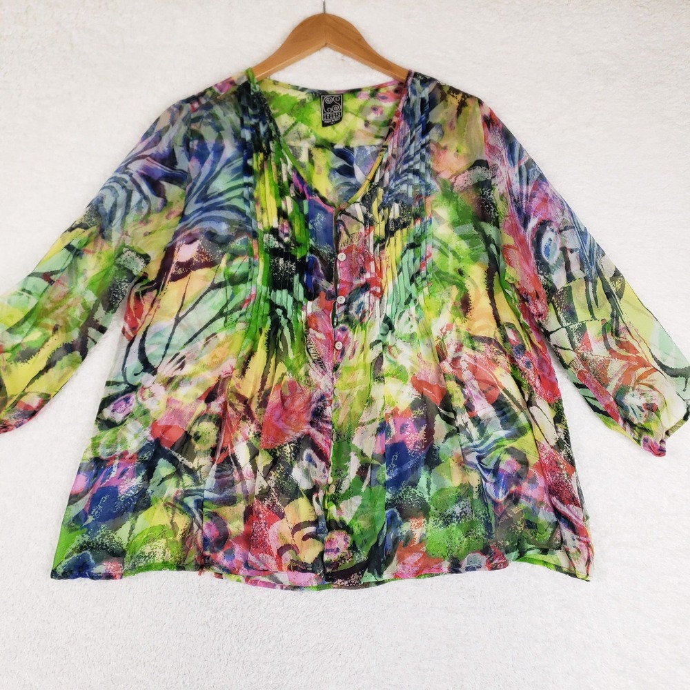 Casual Studio Womens Large Abstract Floral Pintuck Button Front Rayon Blouse
